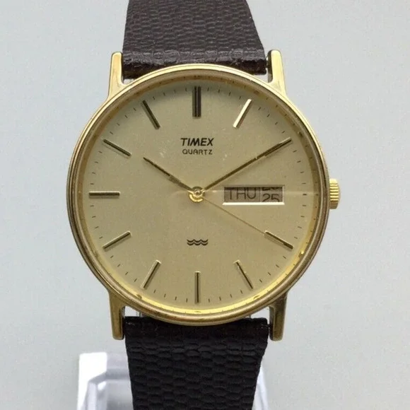 VTG Timex Men\'s Watch 32MM Gold Dial DayDate New Brown Leather Bands Needs Ba Timex Leather Gold Wristwatches for sale | eBay main image 2